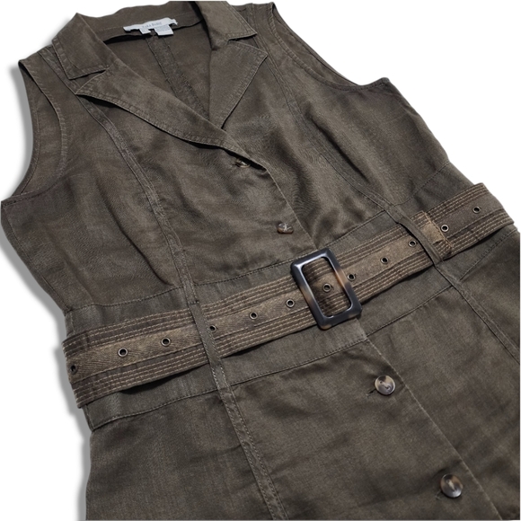 Zara Basic Women Vest Sz M Khaki Green Vintage Utility Style Belt, 100% Ramie - Picture 3 of 11